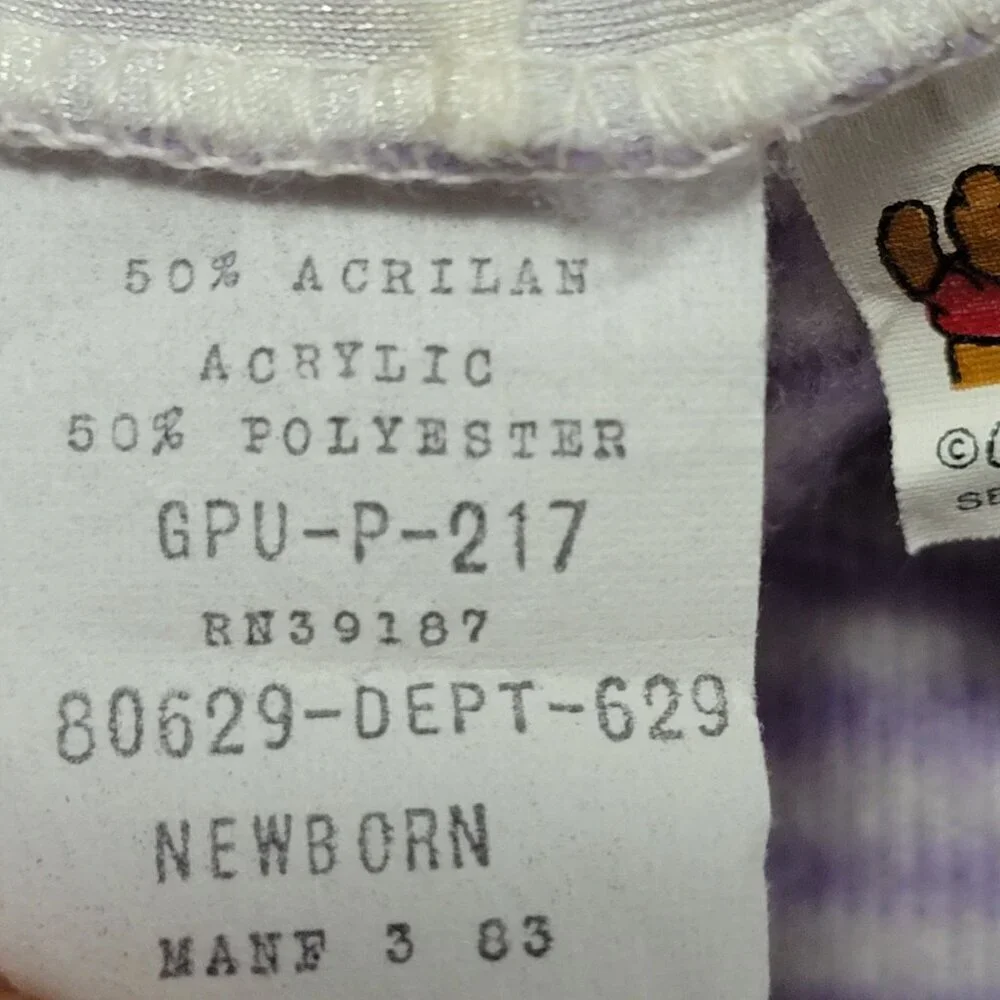 VTG 1983 Winnie The Pooh Purple Striped Infant Newborn Fleece Coverall USA Sears